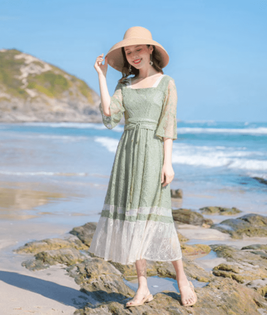 Sage Green 1920s Cottagecore Style Midi Lace Dress with Obi Belt