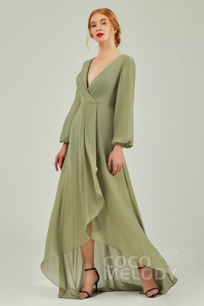 Chiffon Puffy Long Sleeve Asymmetrical Long Sage Green Dress
