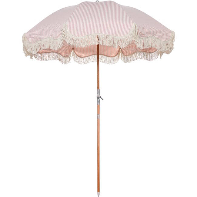 White & Pink Striped Outdoor Umbrella With Fringes