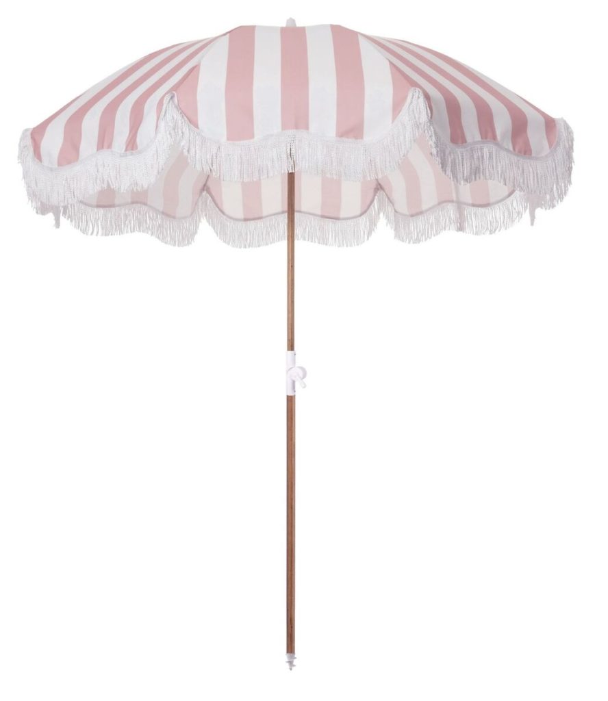 Pink & White Vintage Outdoor Umbrella bullion fringe