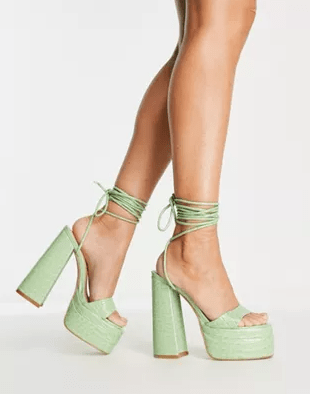 Sage Green Platform Heeled Sandals With Ankle Straps