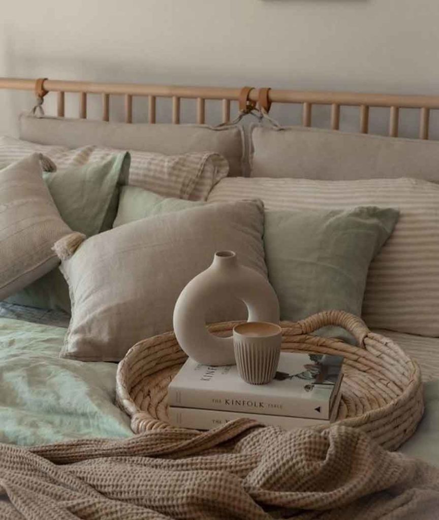 slow natural sage green aesthetic bedroom decoration minimalist