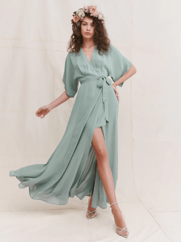 Viscose Sage Green Long Dress With Slit For Wedding Guests & Bridsmaids